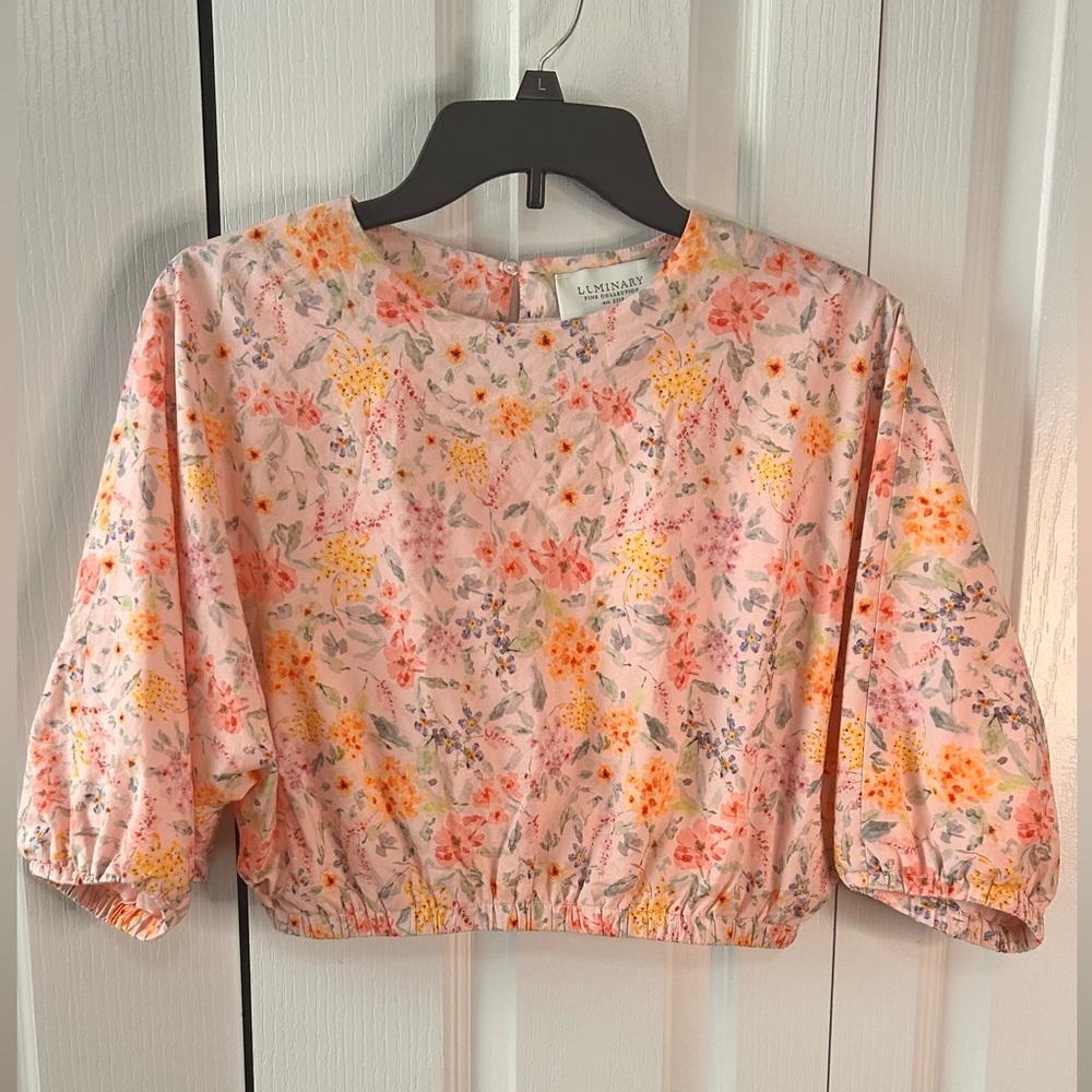 Luminary Women’s Pink Floral Puff Bell Sleeve Keyhole‎ Crop Top Size XS Lined